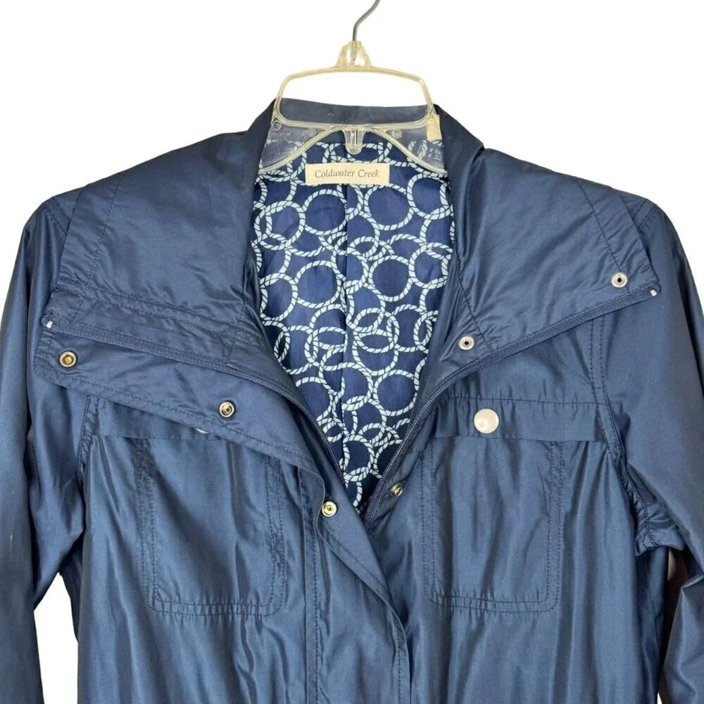 Coldwater Creek Windbreaker Navy Blue Shimmer Zip Snap Pockets Women's XS